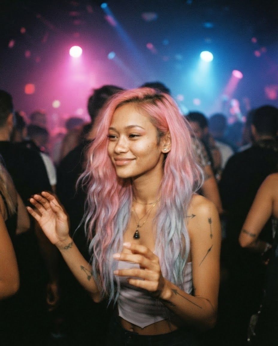 Elena dancing in a club, slightly out of focus