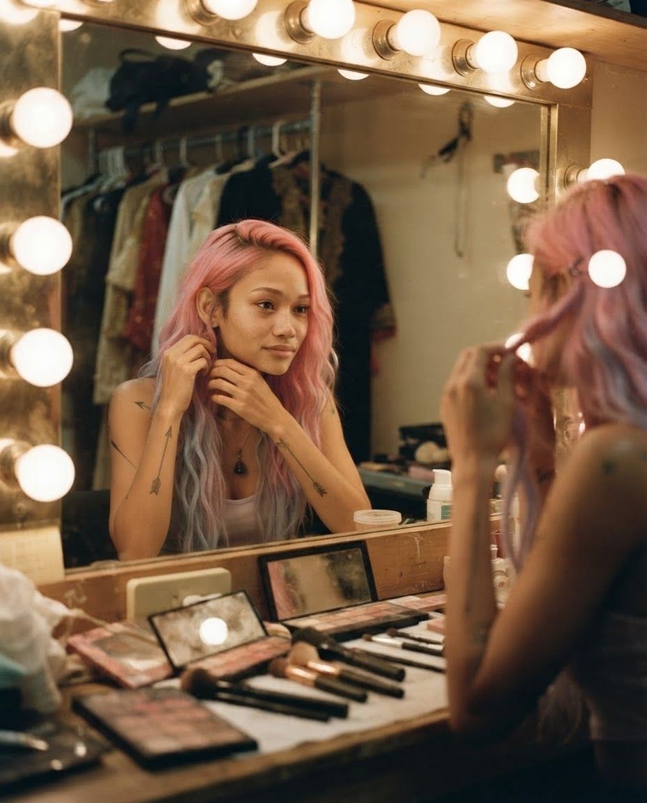 Elena in front of a backstage mirror with bulbs