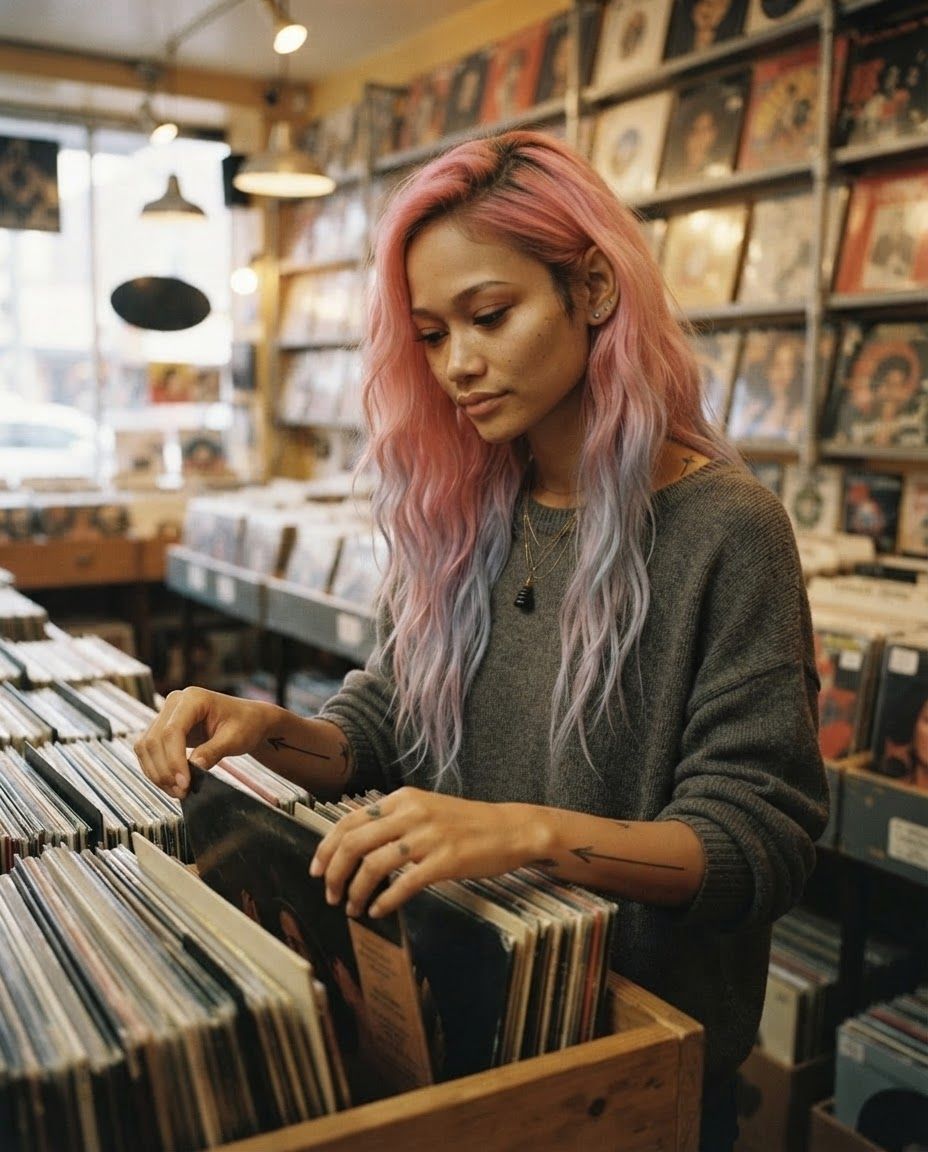 Elena flipping through records in a record shop