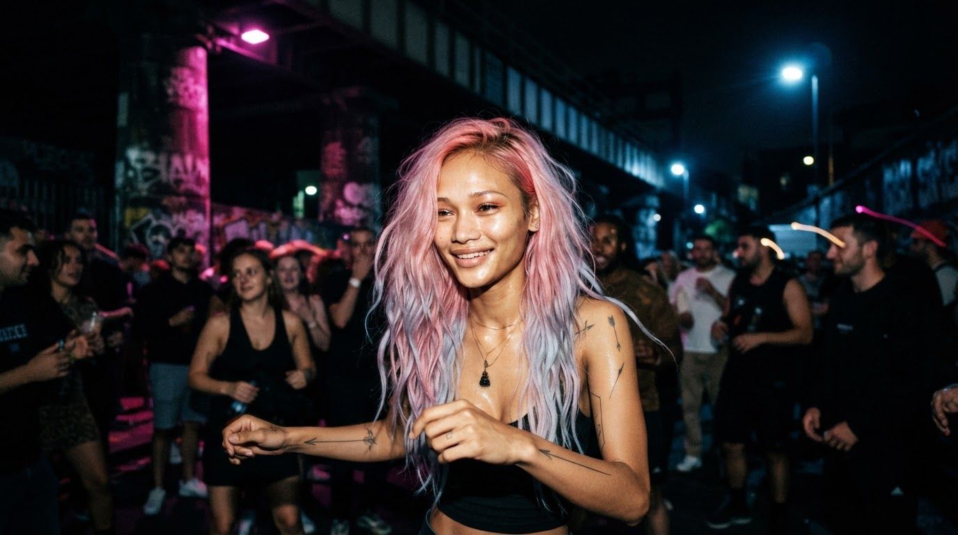 Elena laughing in a crowd at night, lit by a camera flash
