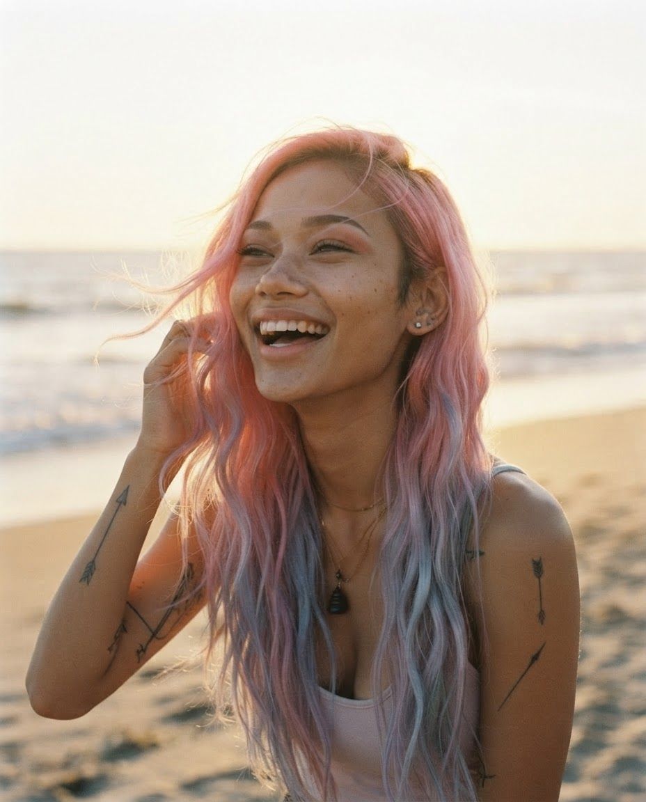 Elena laughing on a beach at golden hour