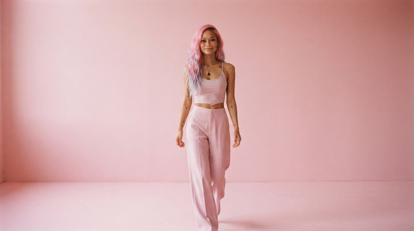 Elena walking towards the camera in a pink studio